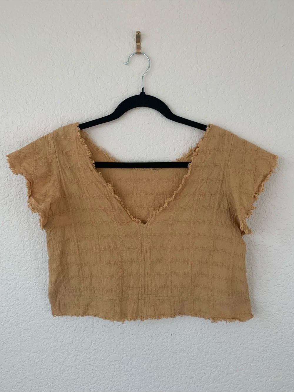 Love Riche Textured Cropped V-Neck Top in Tan
